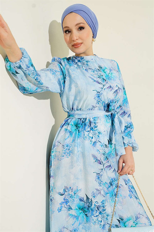 Floral Patterned Ruffled Belted Dress, Blue
