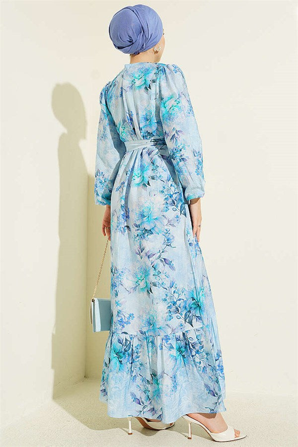 Floral Patterned Ruffled Belted Dress, Blue