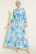 Floral Patterned Ruffled Belted Dress, Blue