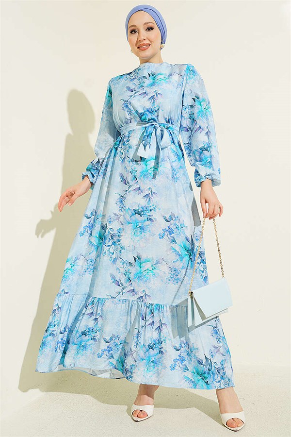 Floral Patterned Ruffled Belted Dress, Blue