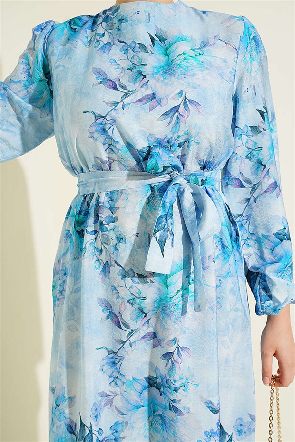 Floral Patterned Ruffled Belted Dress, Blue