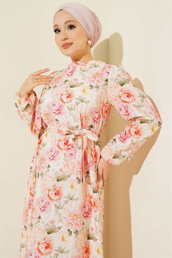 Pink Floral Patterned Ruffled Belted Dress
