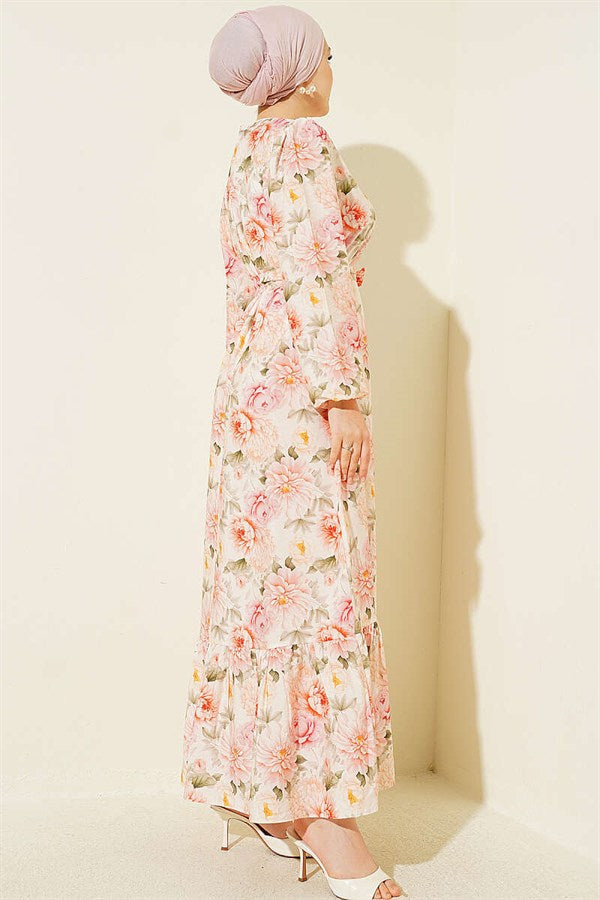 Pink Floral Patterned Ruffled Belted Dress