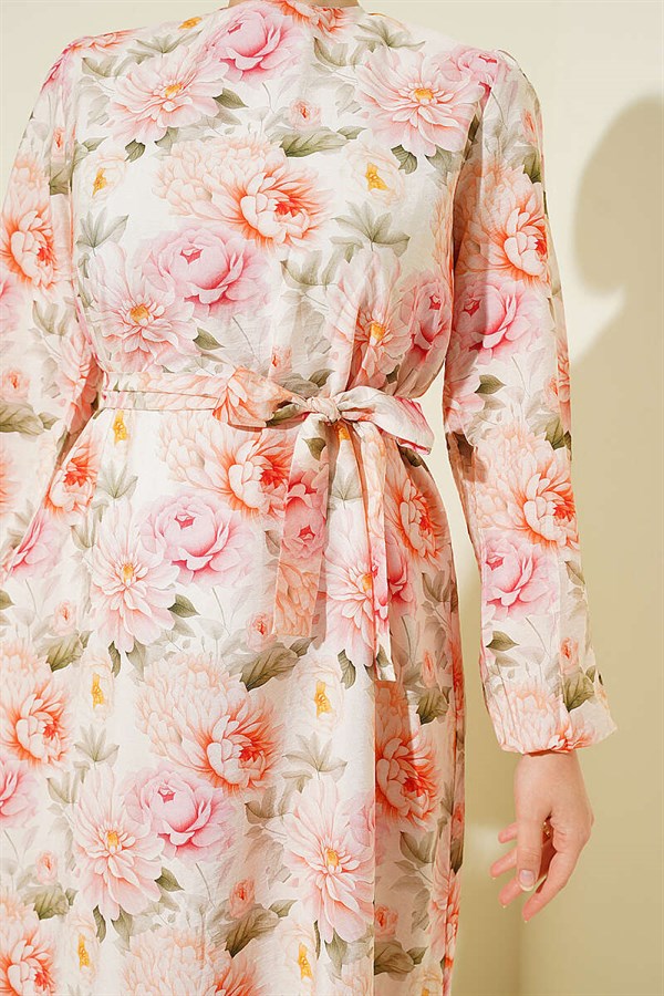 Pink Floral Patterned Ruffled Belted Dress