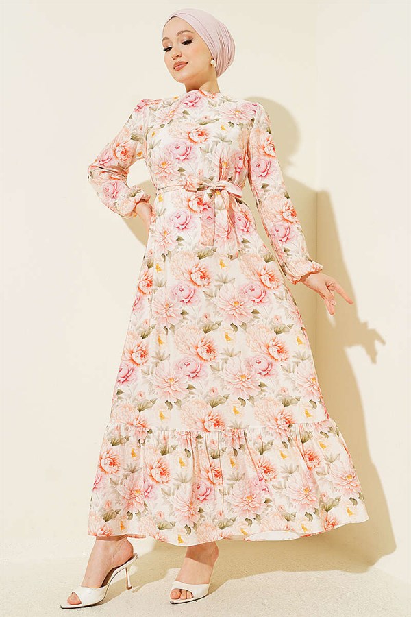 Pink Floral Patterned Ruffled Belted Dress