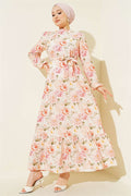 Pink Floral Patterned Ruffled Belted Dress