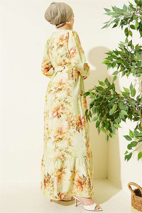Floral Patterned Ruffled Belted Dress Green