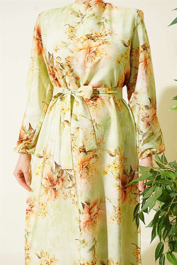 Floral Patterned Ruffled Belted Dress Green