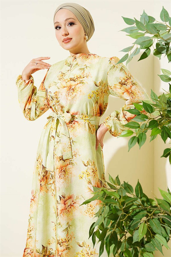 Floral Patterned Ruffled Belted Dress Green