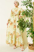 Floral Patterned Ruffled Belted Dress Green