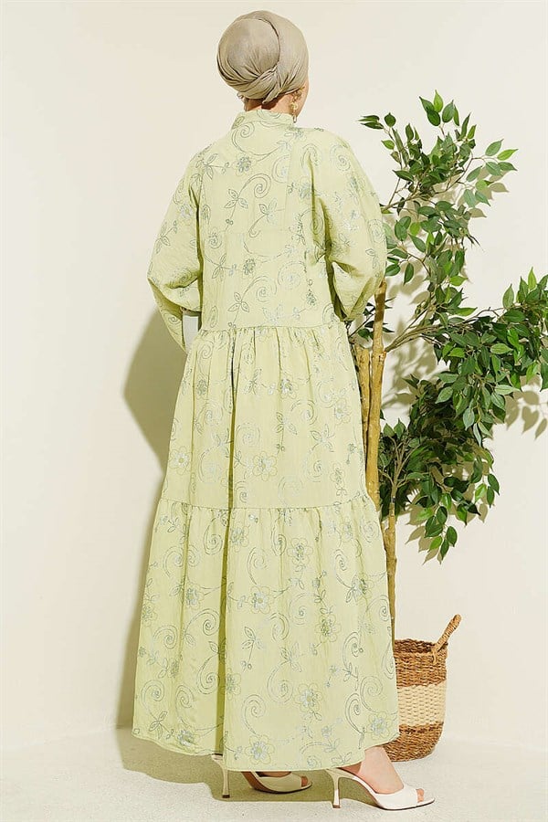 Floral Patterned Half-Button Dress in Light Green
