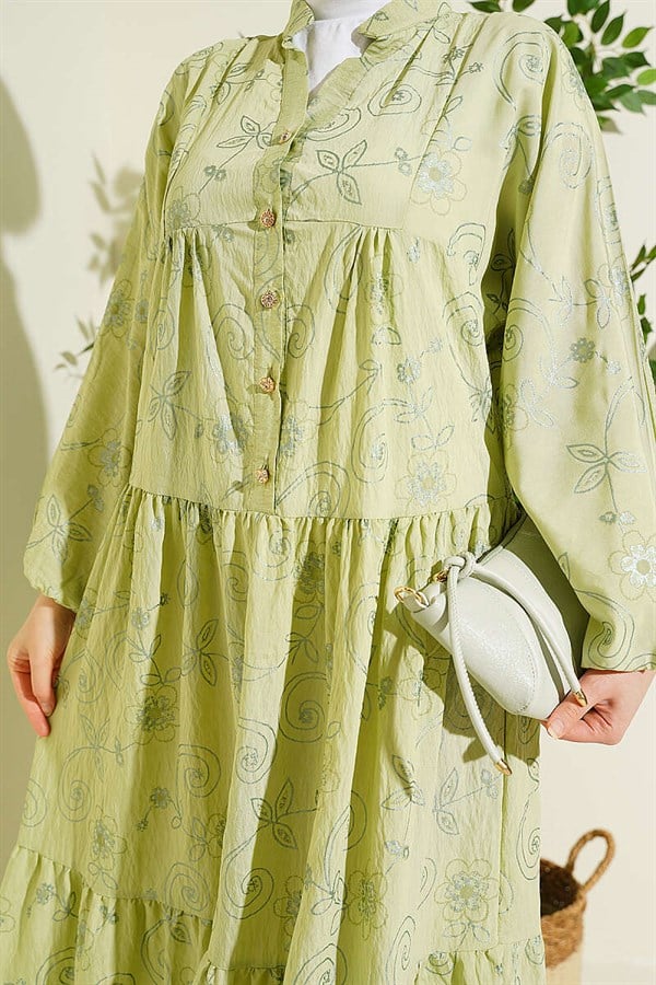 Floral Patterned Half-Button Dress in Light Green