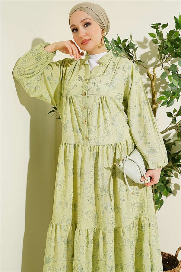 Floral Patterned Half-Button Dress in Light Green