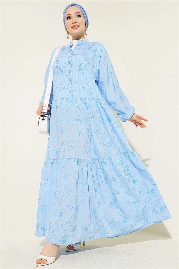 Floral Patterned Half-Button Dress Blue