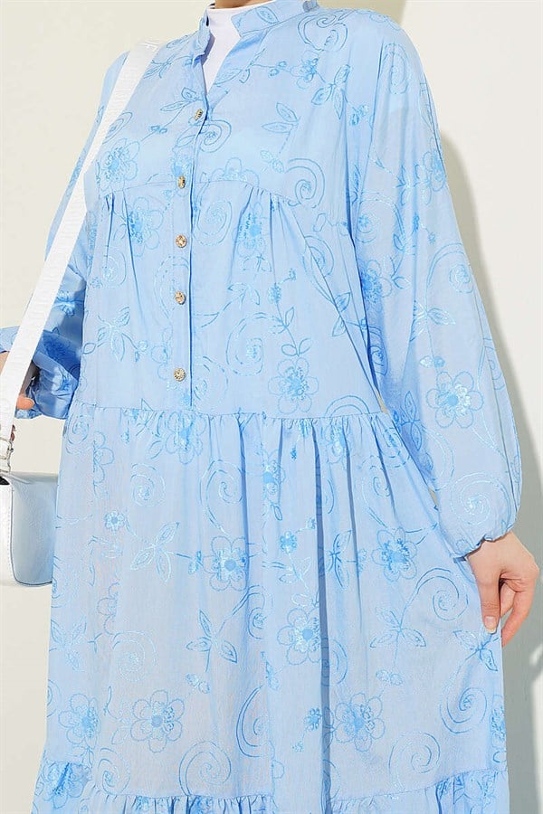 Floral Patterned Half-Button Dress Blue