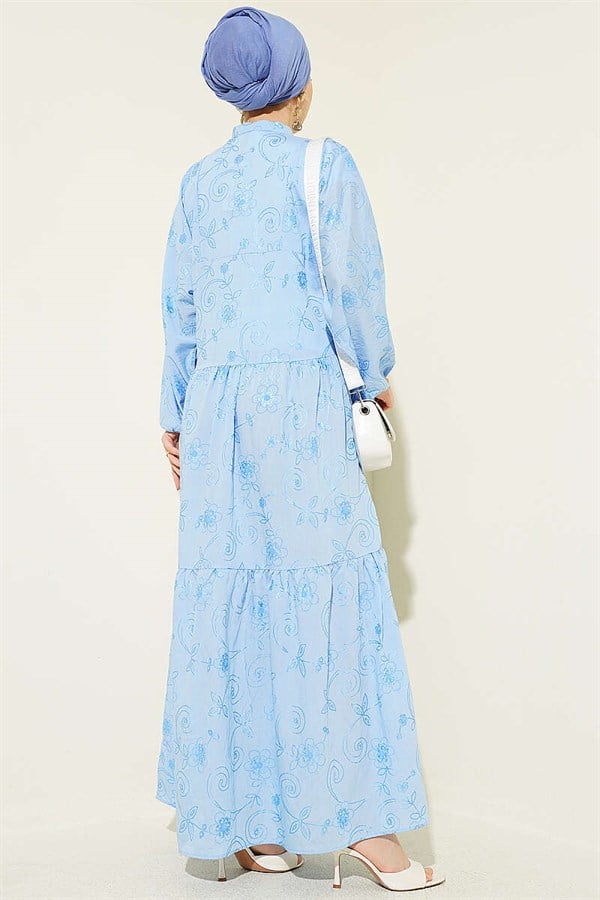 Floral Patterned Half-Button Dress Blue