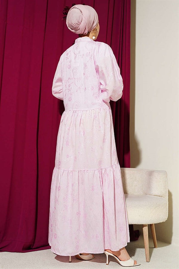 Pink Floral Patterned Half-Button Dress