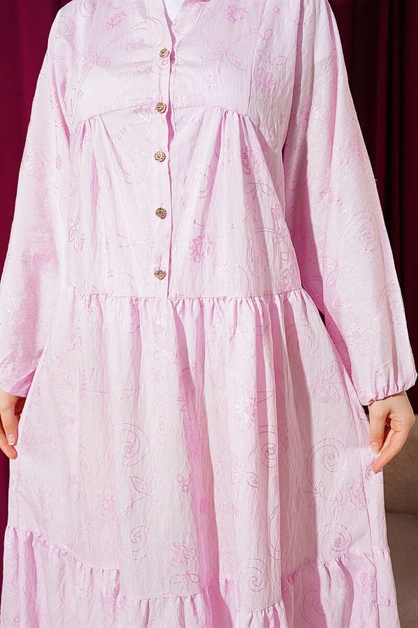 Pink Floral Patterned Half-Button Dress