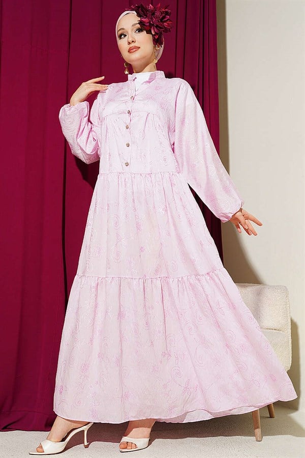 Pink Floral Patterned Half-Button Dress