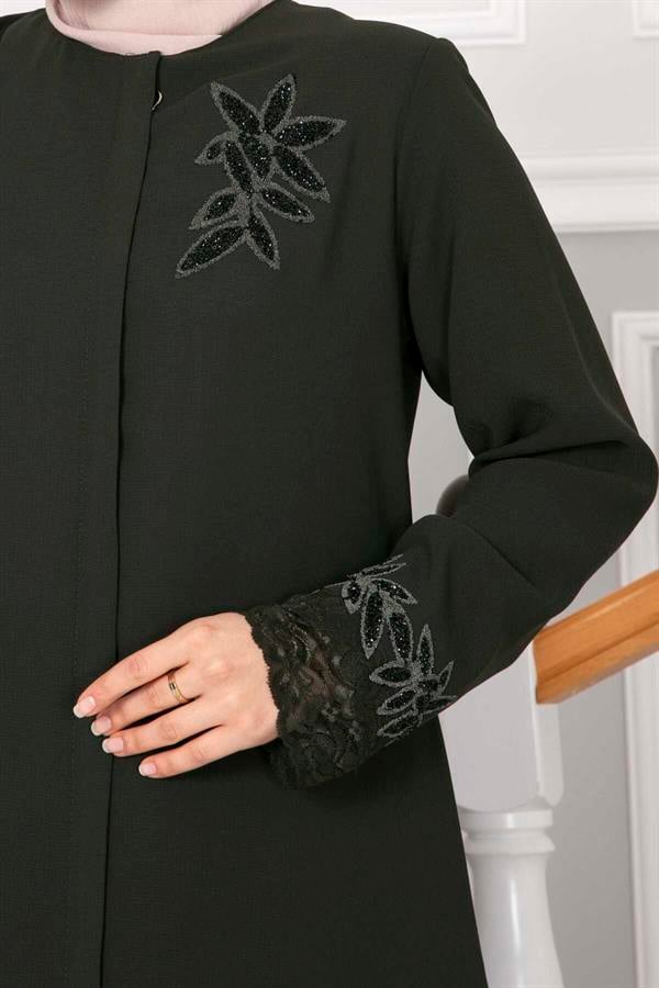 Flower Detailed Lace Hijab Abaya Khaki