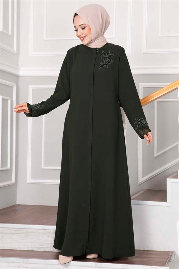 Flower Detailed Lace Hijab Abaya Khaki