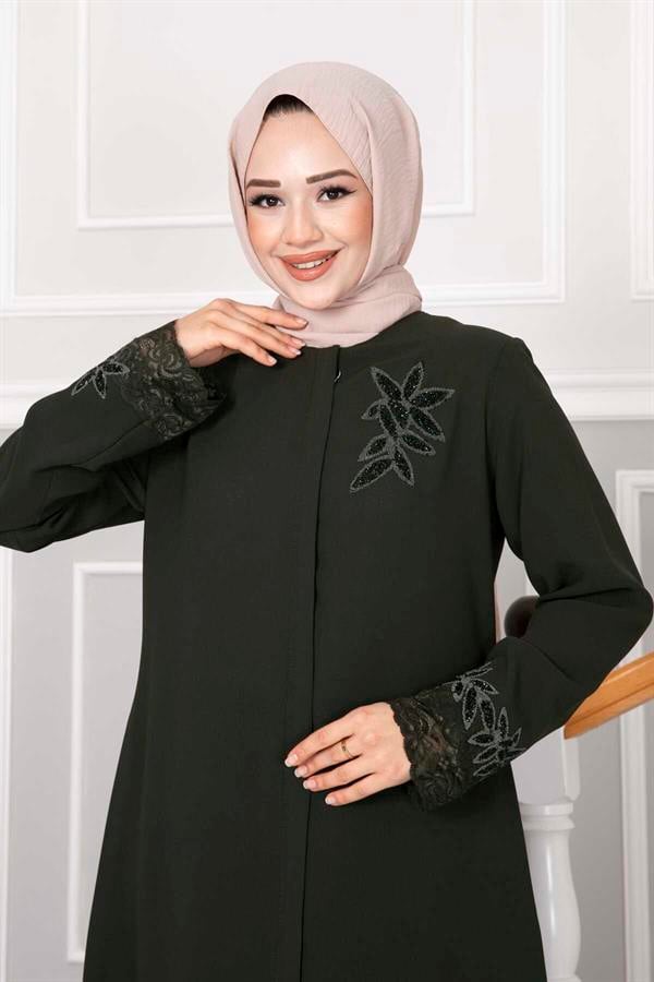 Flower Detailed Lace Hijab Abaya Khaki