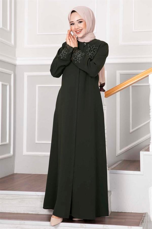 Flower Detailed Lace Hijab Abaya Khaki