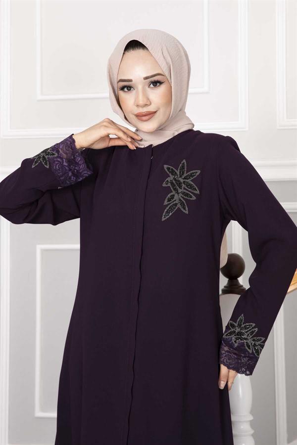 Flower Detailed Lace Hijab Abaya Purple