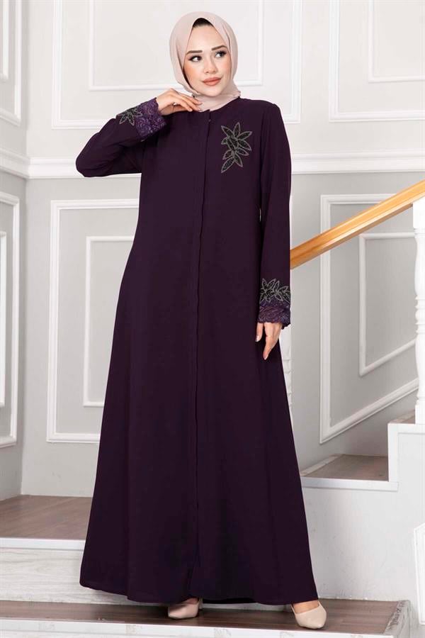 Flower Detailed Lace Hijab Abaya Purple