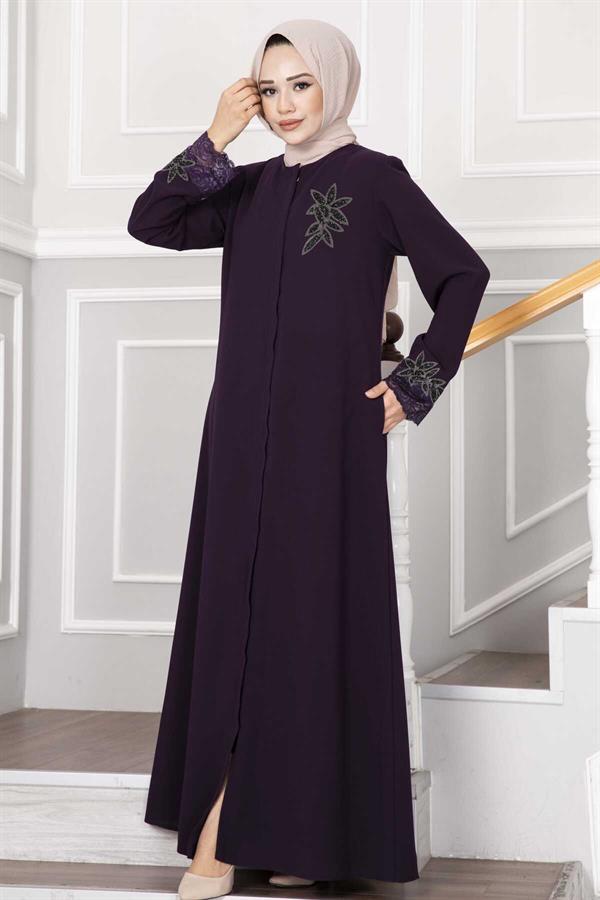 Flower Detailed Lace Hijab Abaya Purple