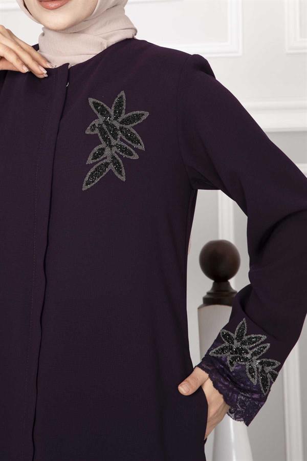Flower Detailed Lace Hijab Abaya Purple