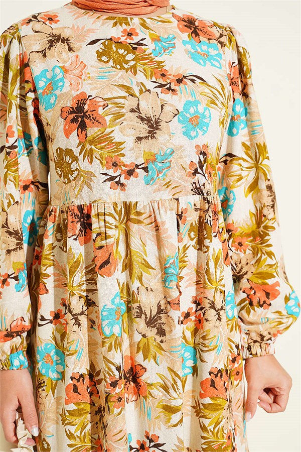 Floral Detail Linen Dress Beige