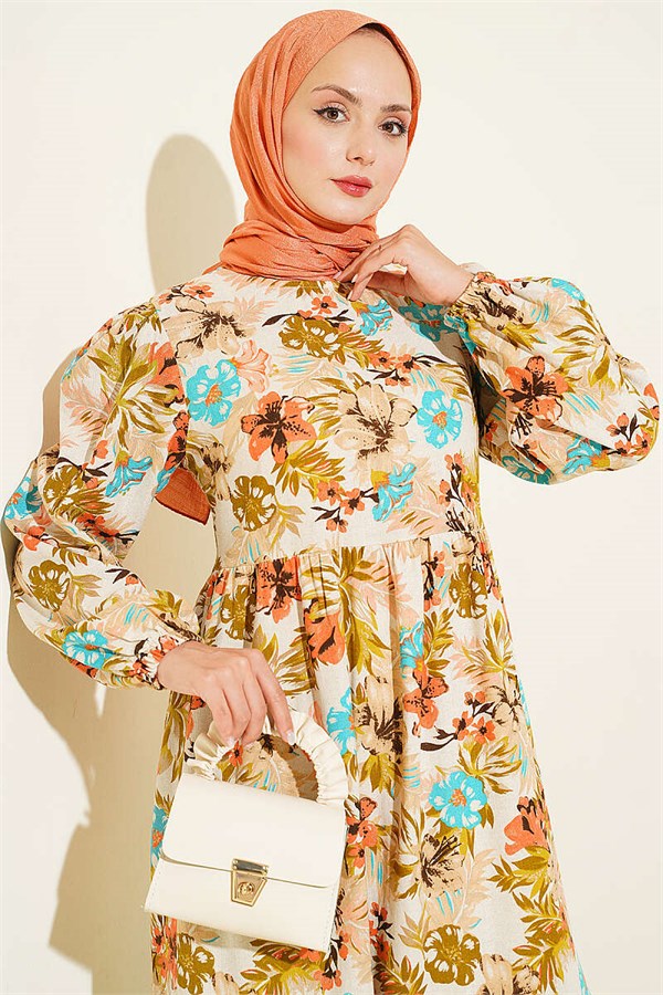 Floral Detail Linen Dress Beige