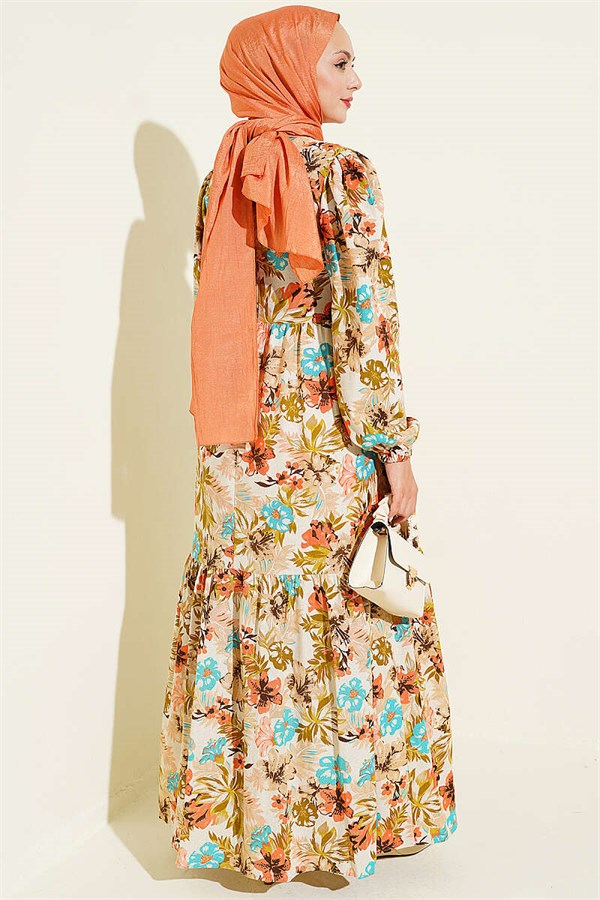 Floral Detail Linen Dress Beige