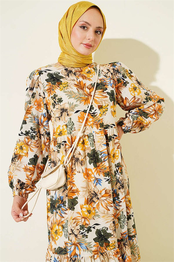 Floral Detail Linen Dress Mustard