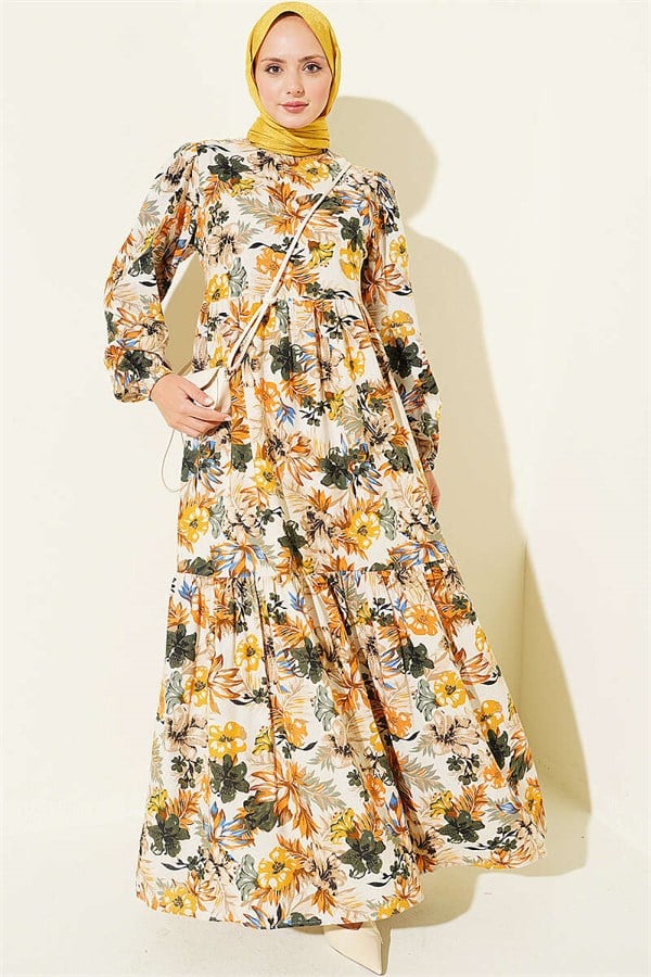 Floral Detail Linen Dress Mustard