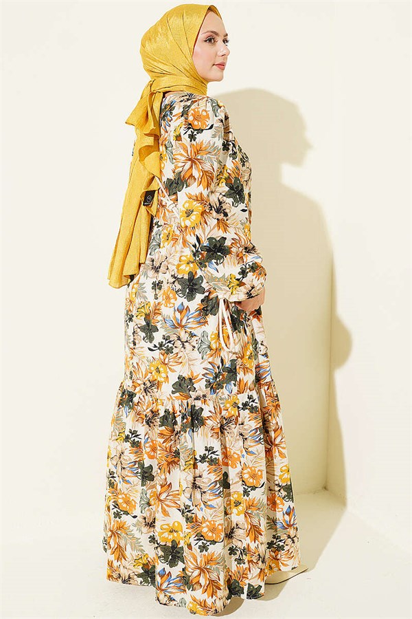 Floral Detail Linen Dress Mustard