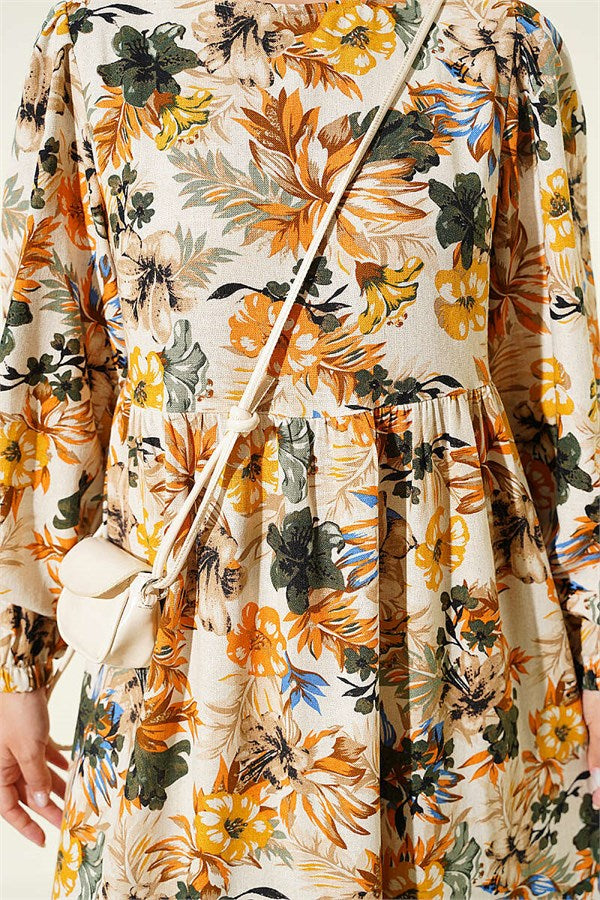 Floral Detail Linen Dress Mustard