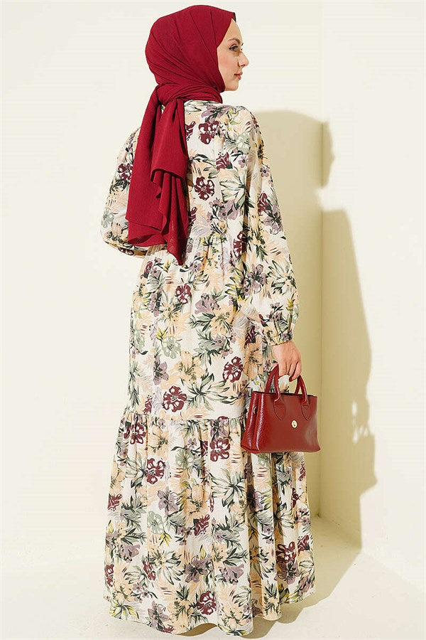 Linen Dress with Floral Details, Plum