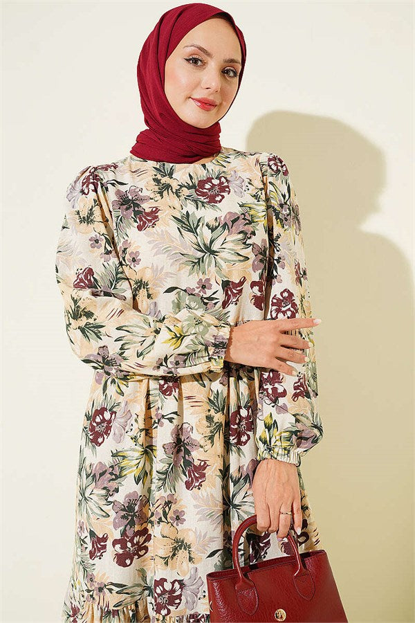 Linen Dress with Floral Details, Plum