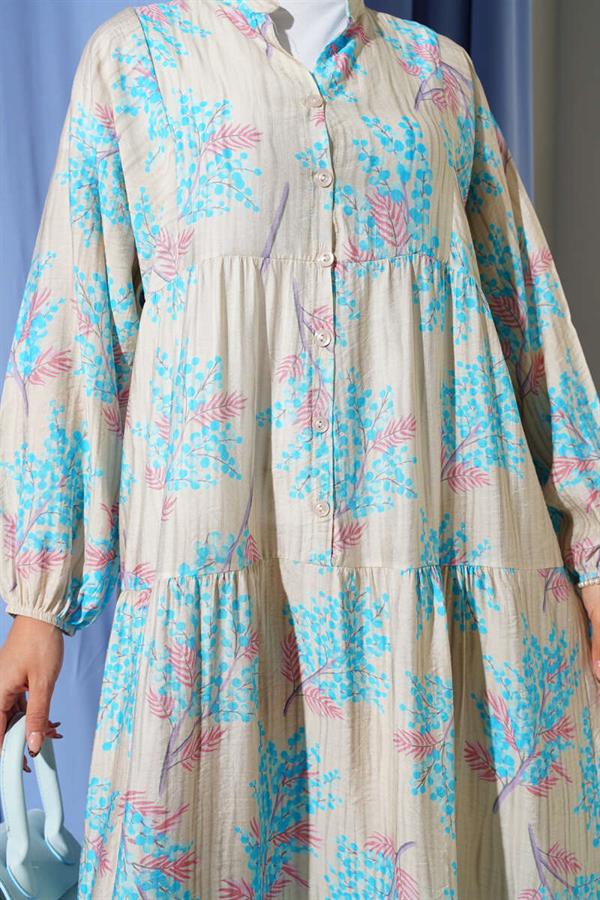 Flower Detailed Half Button Dress Baby Blue