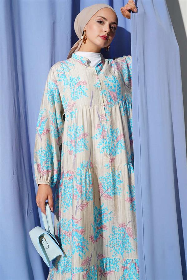 Flower Detailed Half Button Dress Baby Blue