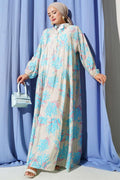 Flower Detailed Half Button Dress Baby Blue