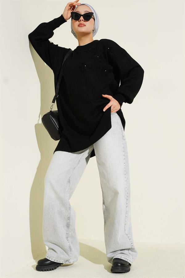 Flower Detailed Soft Knit Tunic Black