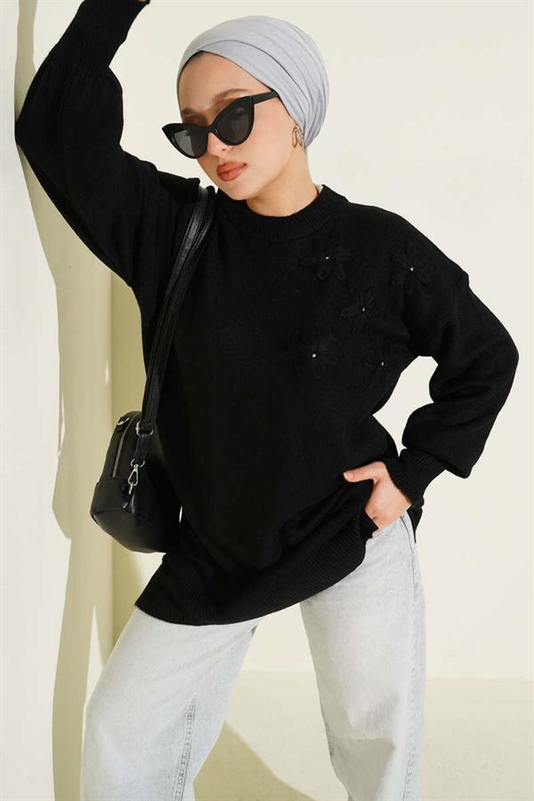 Flower Detailed Soft Knit Tunic Black