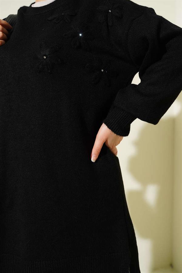 Flower Detailed Soft Knit Tunic Black