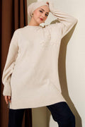 Flower Detailed Soft Knit Tunic Stone