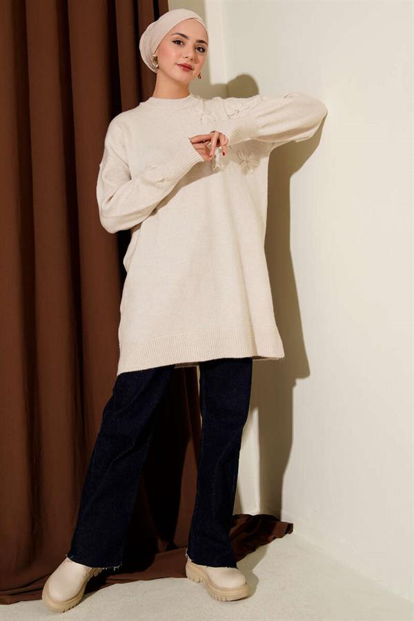 Flower Detailed Soft Knit Tunic Stone