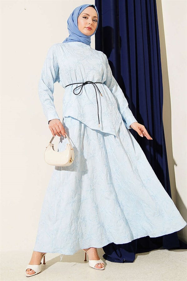 2 Piece Set with Floral Stitch Skirt, Blue