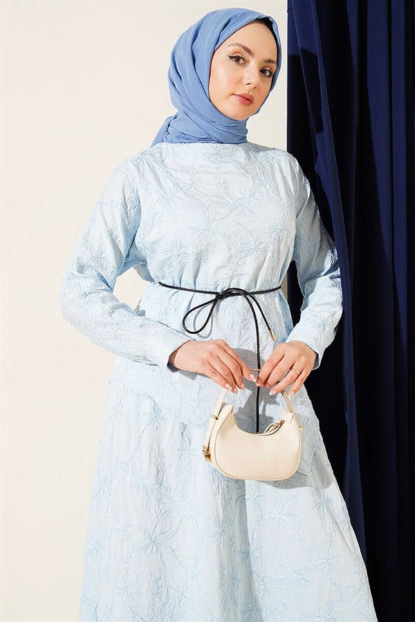 2 Piece Set with Floral Stitch Skirt, Blue